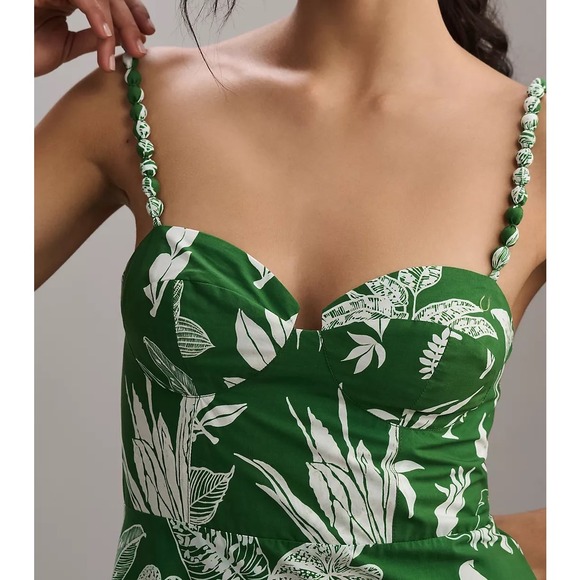 Farm Rio Forest Soul Mix Green White Tropical Leaf Print Tiered Mid Dress Large - Picture 2 of 11